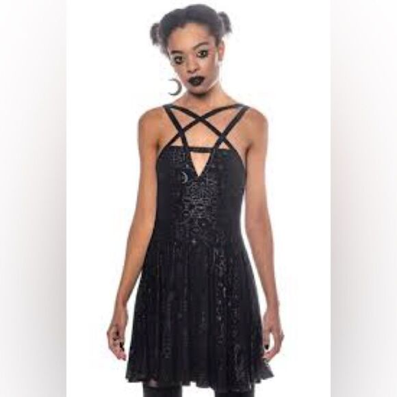 Killstar Womens Black Covenant Skater Dress Size Medium EUC witchy gothic grunge - Picture 2 of 10
